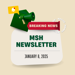 3D animated envelope, bullhorn, notification icon and ribbon stating Breaking News: MSH Newsletter January 8, 2025