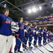 world junior players stands on the blue line for the national anthem