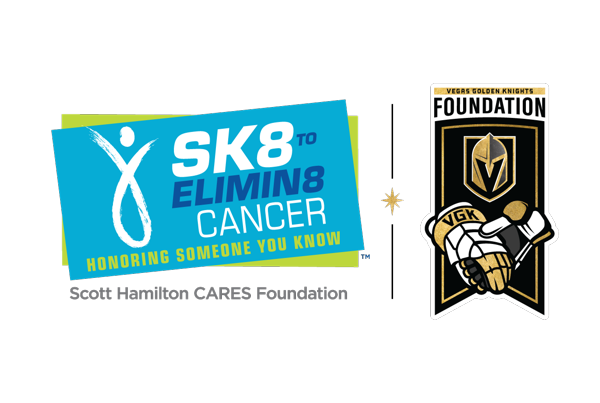 Sk8 to Elimin8 Cancer logo with the tagline Honoring Someone You Know, shown next to the Vegas Golden Knights Foundation logo