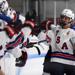 U.S. National Under-17 Team forward Thomas Bordeleau skates past Team USA's bench after scoring a goal in an exhibition game against Minnesota Elite League North on Saturday in New Hope, Minnesota. Photo credit: Nick Wosika