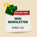 3D animated envelope, bullhorn, notification icon and ribbon stating Breaking News: MSH Newsletter October 14, 2024