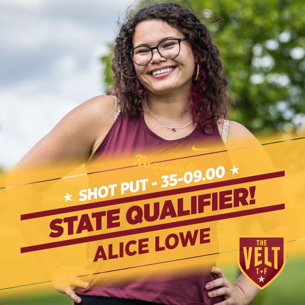 Image of Minneapolis Roosevelt Discus thrower Alice Lowe  at the Section 3AA Meet with graphic: Shot Put 35-09.00, State Qualifier, Alice Lowe