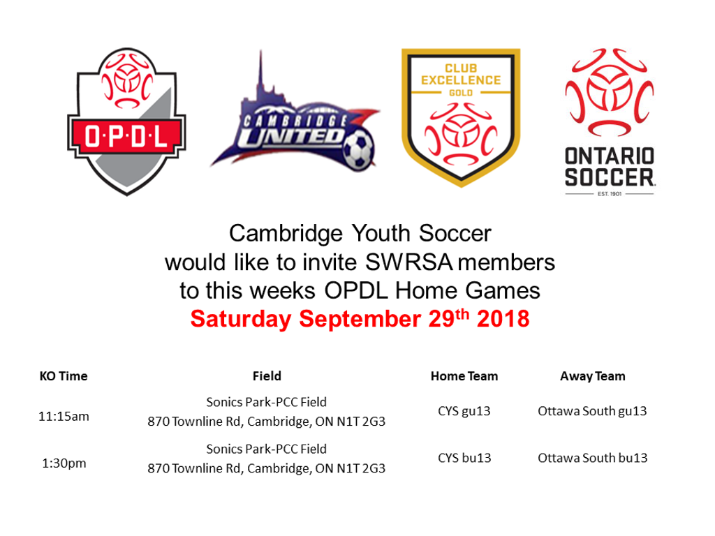 Cambridge Youth Soccer Opdl Home Game September 29th