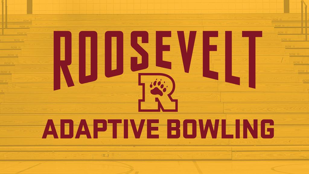 Image of a gold-tinted photo of the Jack Wells Gymnasium bleachers at Minneapolis Roosevelt High School. Superimposed over the top of the image is a type graphic consisting of a Block Letter R with a paw graphic inside the upper part of the R. Arched bloc