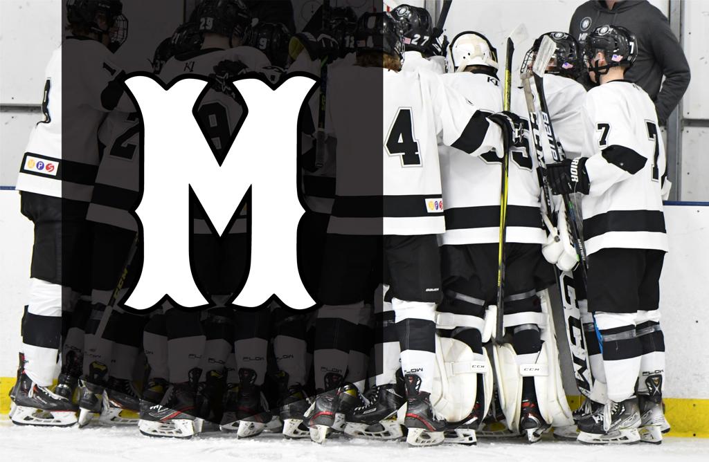 Image of Minneapolis Boys High School Hockey player celebrating on the ice after he scored a goal. Superimposed over the image is the signature “M” logo for Minneapolis Hockey.