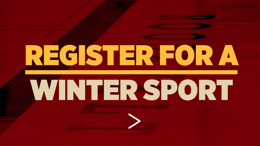 Maroon-tinted image of Minneapolis Roosevelt High School’s bleachers at Al Gowans Stadium. Graphic on top: Register for a Winter Sport