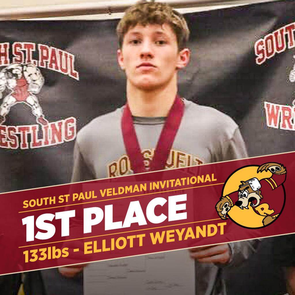 Graphic: Teddy Wrestling South St Paul Veldman Invitational 1st place Elliott Weyandt, 133