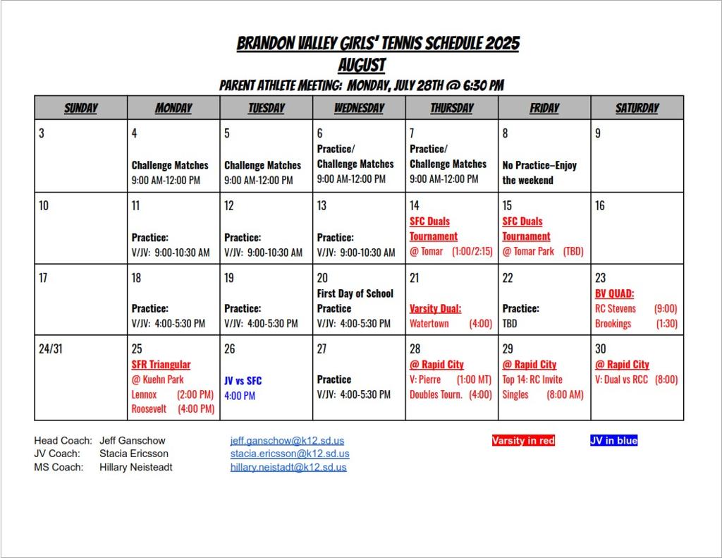 2025 Girls Tennis Schedule - August
