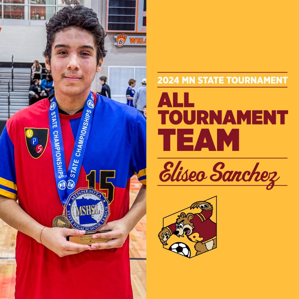Image: Teddy Adapted Soccer player Eliseo Sanchez poses with his State Tournament medal and trophy. Graphic: All-Tournament Team