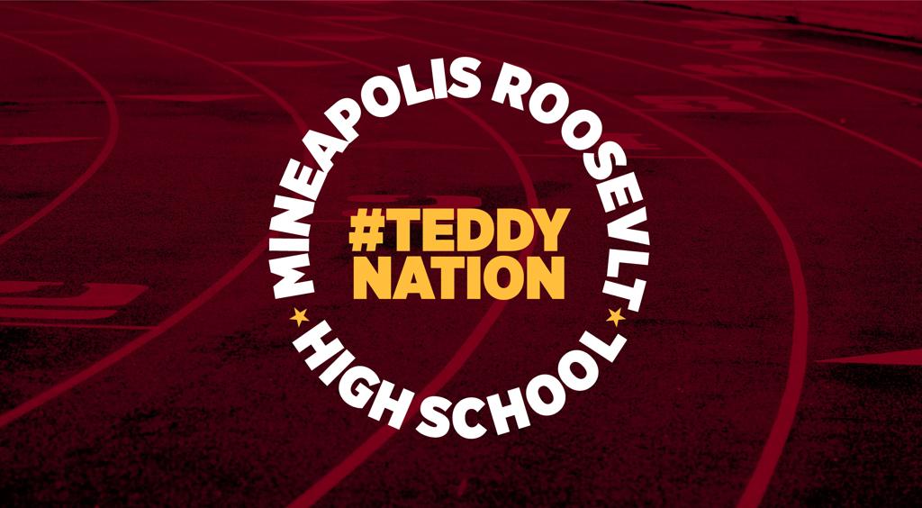 Image of a maroon-tinted photo of the Minneapolis Roosevelt High School’s Al Gowan Stadium track. It’s a close up of the surface and the lines that form the running lanes. Superimposed over the top is a Text Graphic with letters curving around in a comple