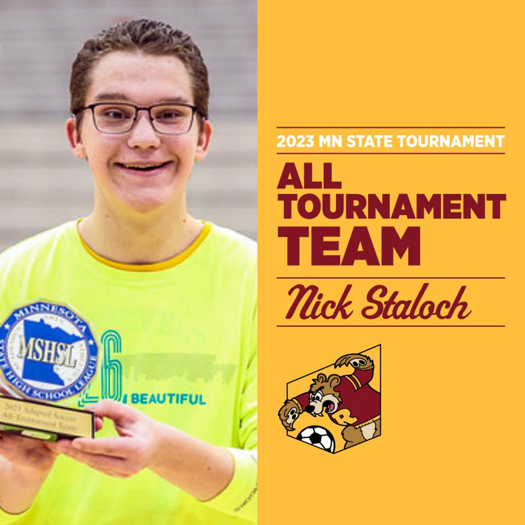 Image of Minneapolis Roosevelt High School Teddy Adapted Soccer player Nick Staloch posing for the camera while holding a MSHSL trophy. Graphic: 2023-24 All Tournament Team Adapted Soccer, Nick Staloch 