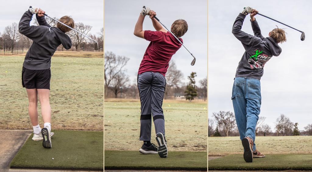 3 side-by-side Images of the Minneapolis Roosevelt High School golfers at Hiawatha Golf Course during a a practice round. All three are in their follow-through swing.