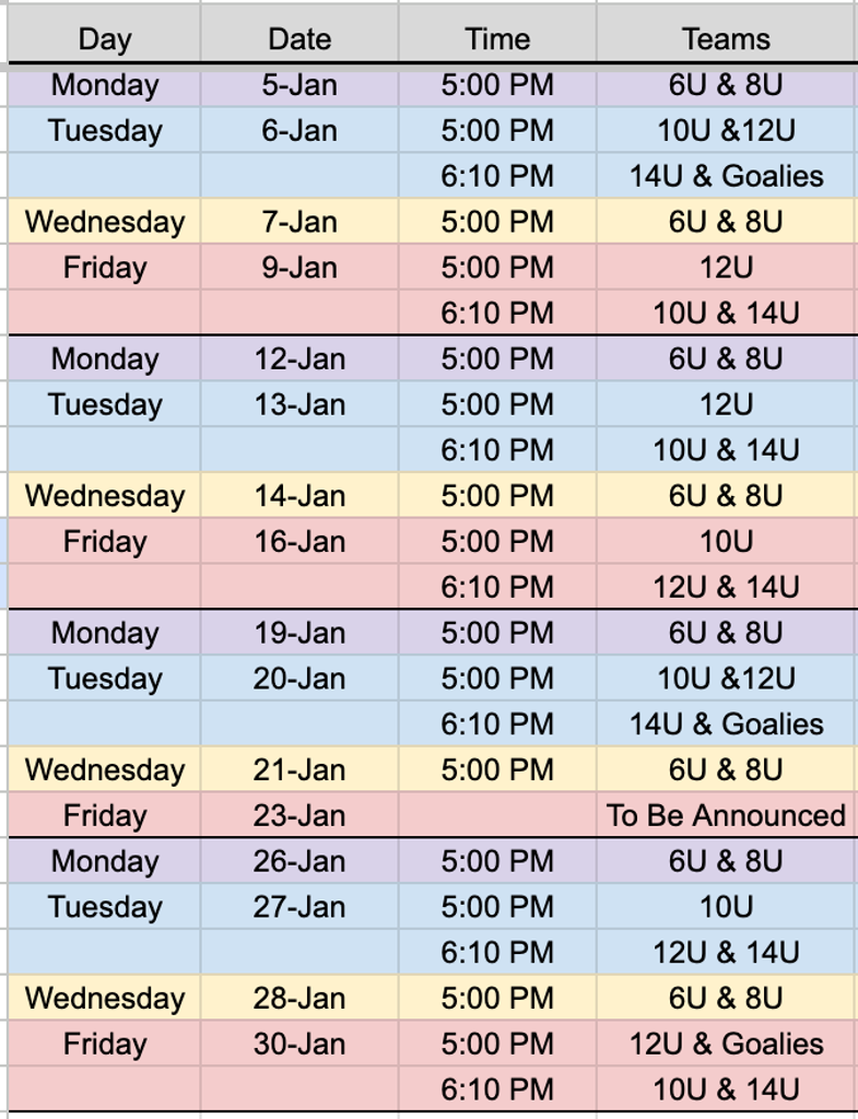 January Practice Schedule 