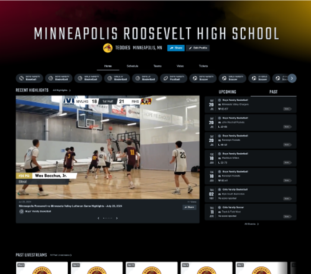Image of Hudl website on the main Roosevelt page. A Live Stream game is displayed.