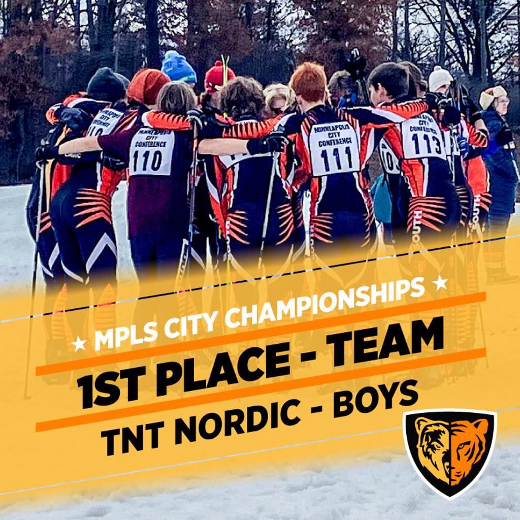 Image of TNT Nordic Boys team huddle before a race. Graphic: Mpls City Championships, 1st place - Team. TNT Nordic