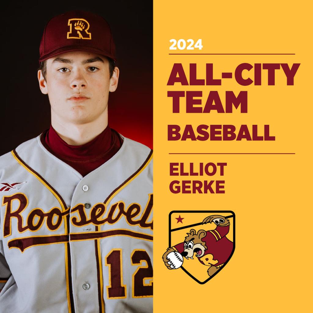 Image of Minneapolis Roosevelt High School Baseball player posing for camera with graphic: 2024 All-Conference Team Baseball Elliot Gerke