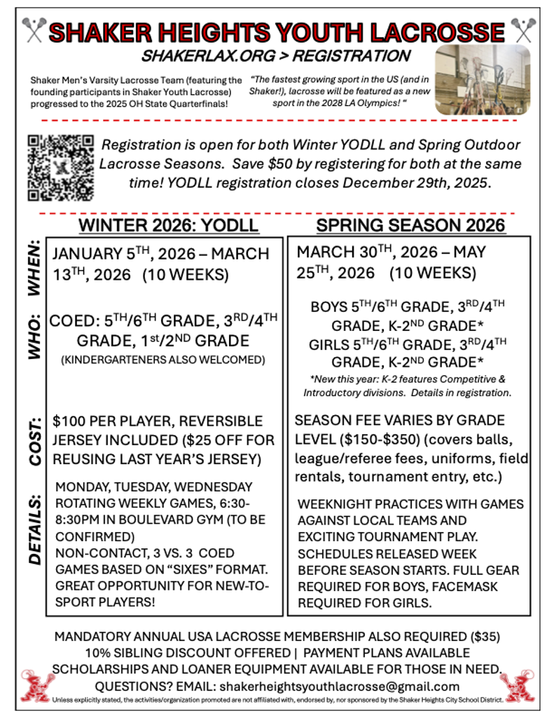 Shaker Heights Youth Lacrosse 2026 Flyer