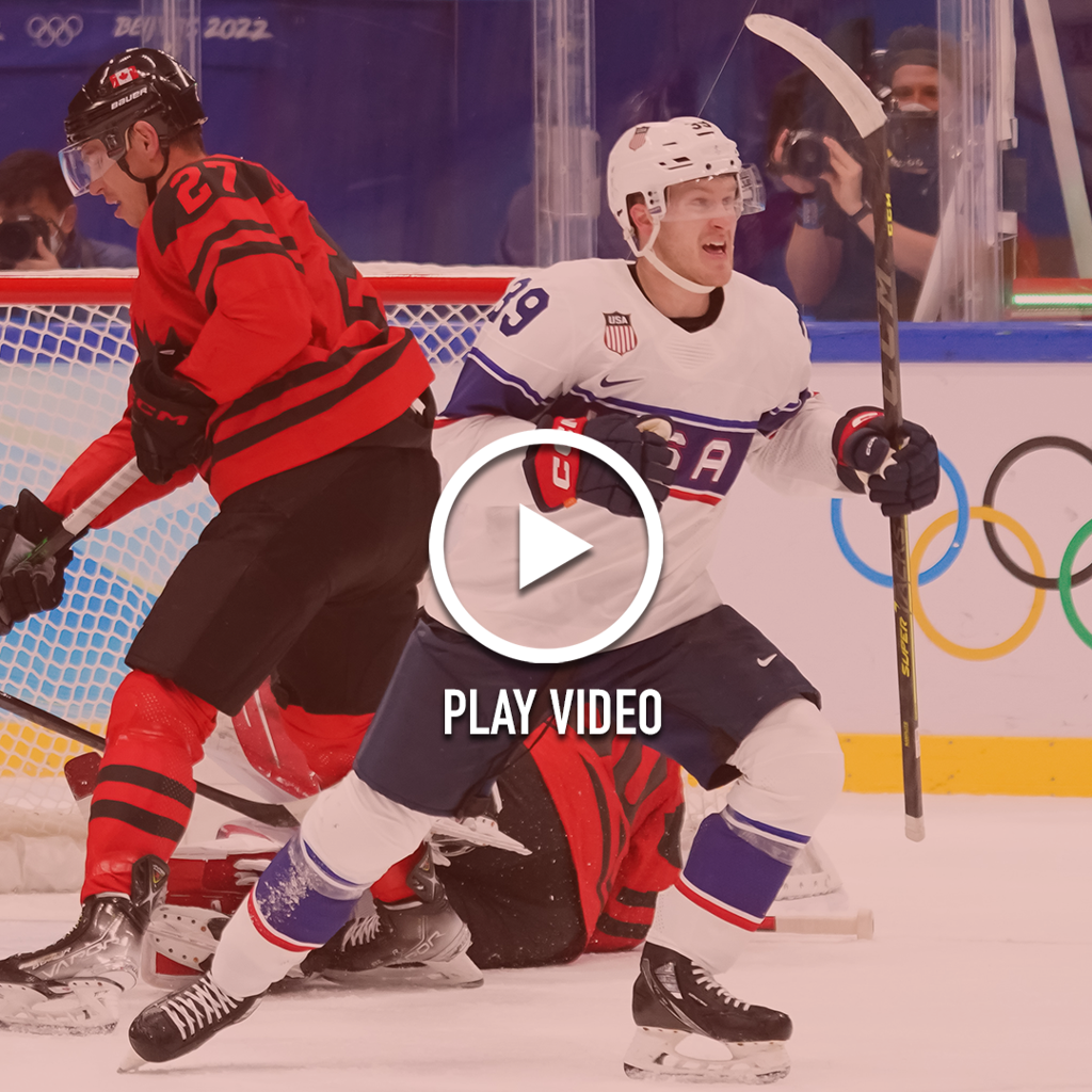 Photo with Play video button in the middle linking to highlights of win over Canada