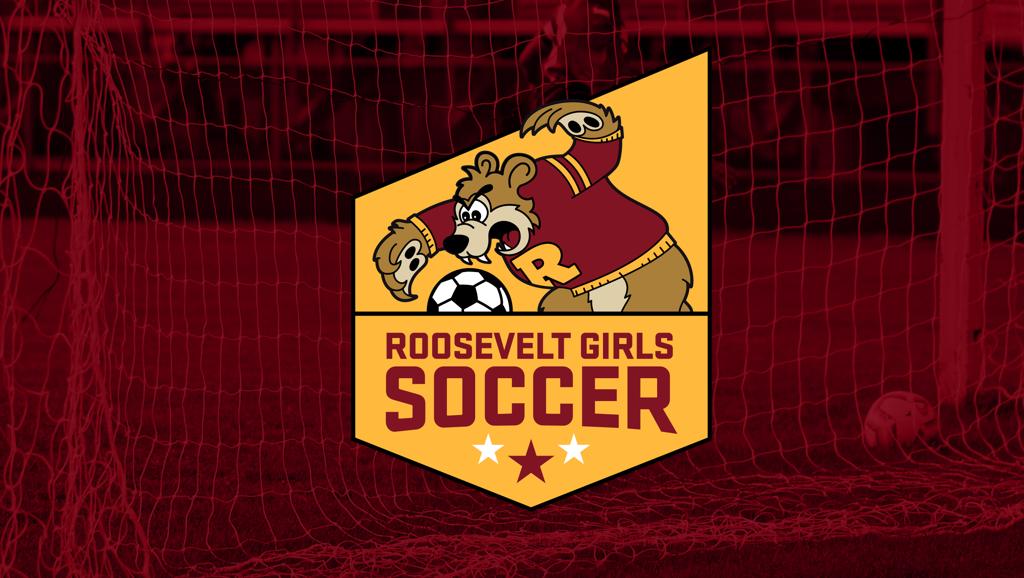 Image of a maroon-tinted photo of the soccer goal at Al Gowans stadium. The Teddy Boys Soccer logo is superimposed on top.