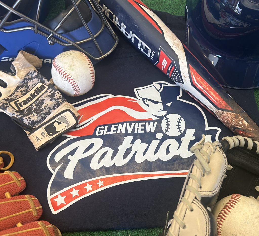 Glenview Patriots Baseball Gear with a Blue Jersey, Catcher's Mitt, Baseballs, Helmets, Batting Gloves, and Baseball Bats
