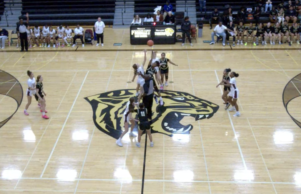 Video Screenshot of the tip off between Minneapolis Roosevelt Girls Basketball vs Fridley