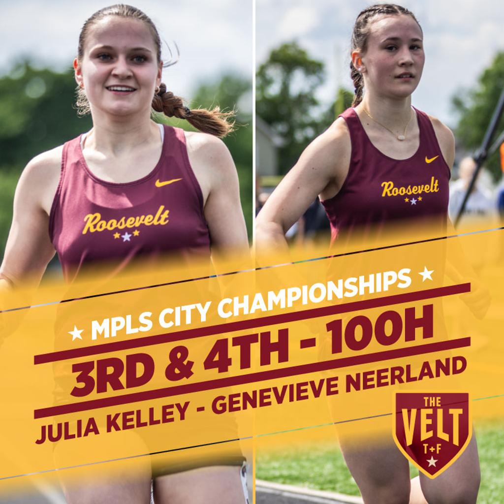 Image of Minneapolis Roosevelt sprinters Julia Kelly & Genevieve Neerland cross the finish line at the Minneapolis City Championships.