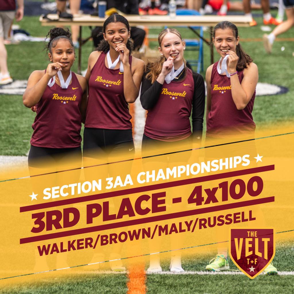Image of Minneapolis Roosevelt 4x100 girls relay on the awards podium. Graphic: Section 3AA Championships 3rd place-4x100 Walker, Brown, Maly, Russell