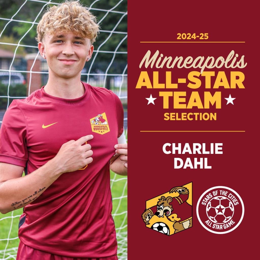 Image of Minneapolis Roosevelt High School Teddy Soccer player  Charlie Dahl  posing for the camera while holding a soccer ball. Graphic: 2024-25 Minneapolis All-Star Team selection
