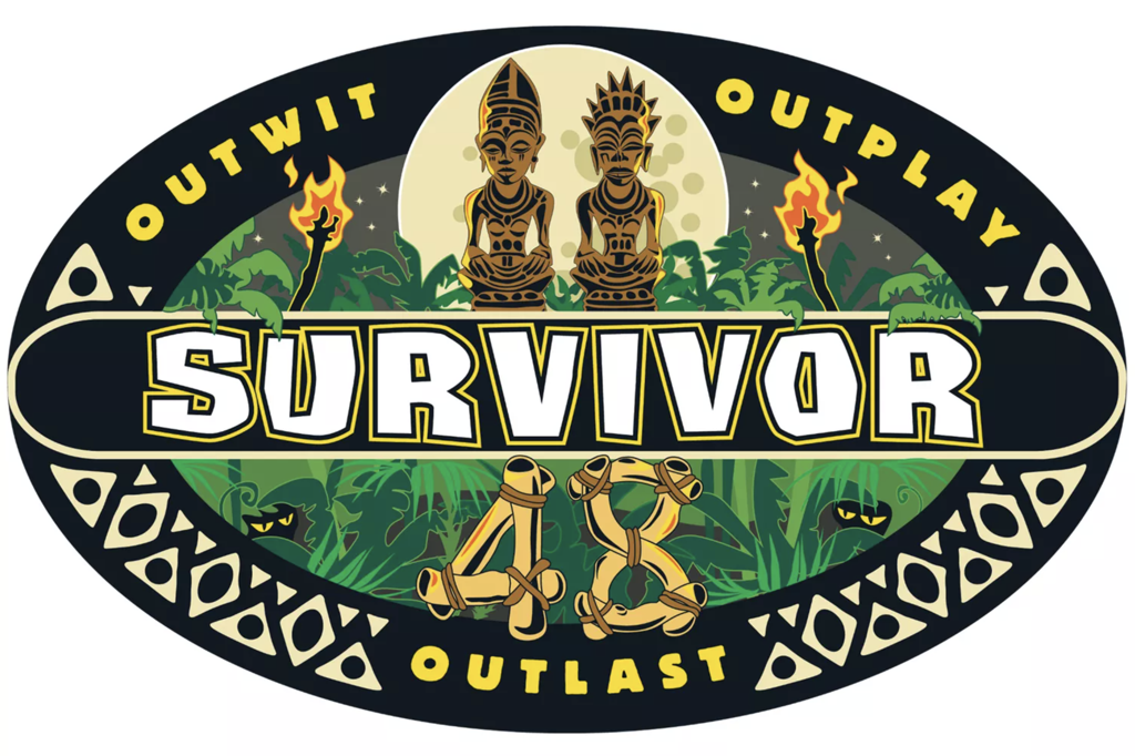 Survivor 48 logo. A round emblem. On the rim are tribal markings and the words Outwit, Outplay, Outlast. Survivor 48 written across the middle. In the background is jungle scene with two torches on fire and a pair of talisman statues silhouetted in front 