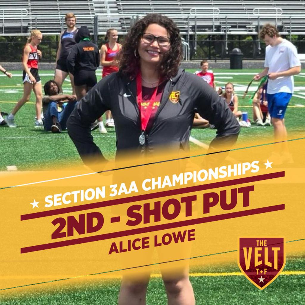 Image of Minneapolis Roosevelt Discus thrower Alice Lowe on the podium at the Section 3AA Meet with graphic: Section 3AA Championships, 2nd - Shot Put, Alice Lowe