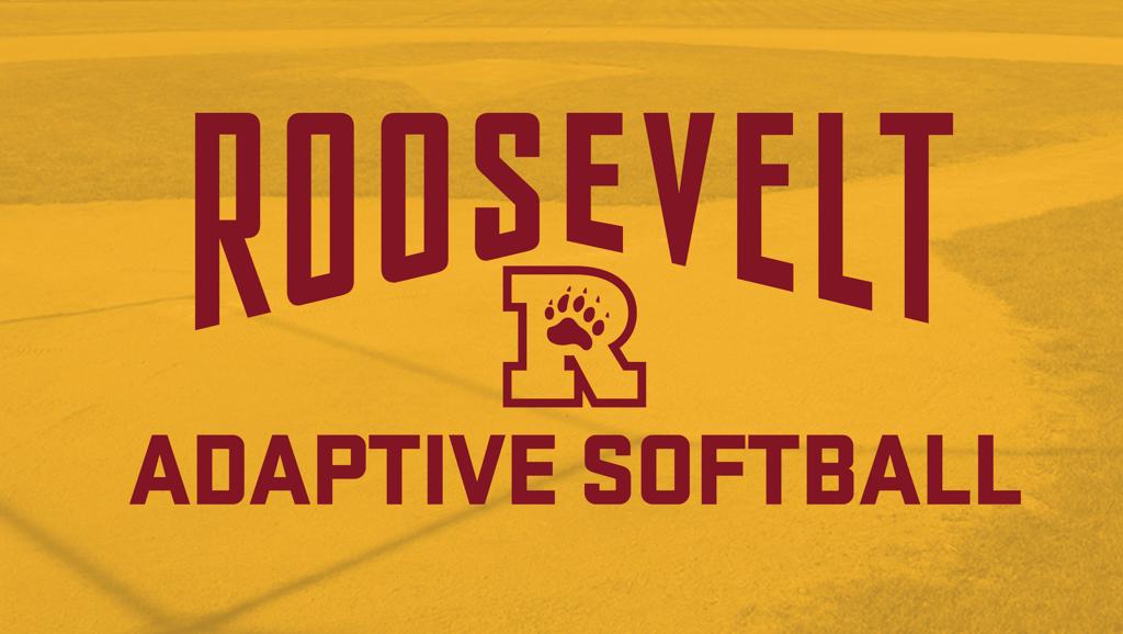 Image of a gold-tinted photo of the Jack Wells Gymnasium bleachers at Minneapolis Roosevelt High School. Superimposed over the top of the image is a type graphic consisting of a Block Letter R with a paw graphic inside the upper part of the R. Arched bloc