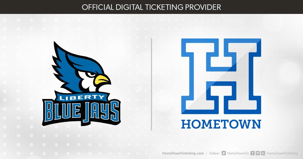 Graphic of a Liberty Blue Jay logo and Hometown ticket logo