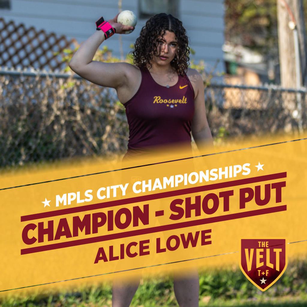 Image of Minneapolis Roosevelt Shot Puter Alice Lowe as she sets up for her throw at the Minneapolis City Championships