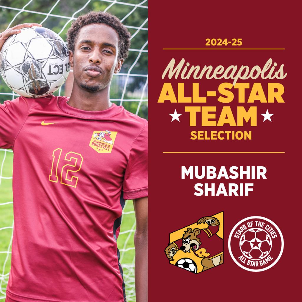 Image of Minneapolis Roosevelt High School Teddy Soccer player  Mubashir Sharif   posing for the camera while holding a soccer ball. Graphic: 2024-25 Minneapolis All-Star Team selection