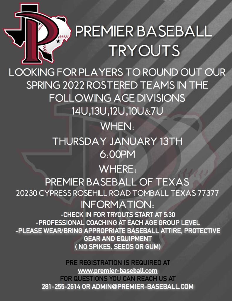 Spring Baseball Tryouts Spring 2022 Youth Tryouts-Make up