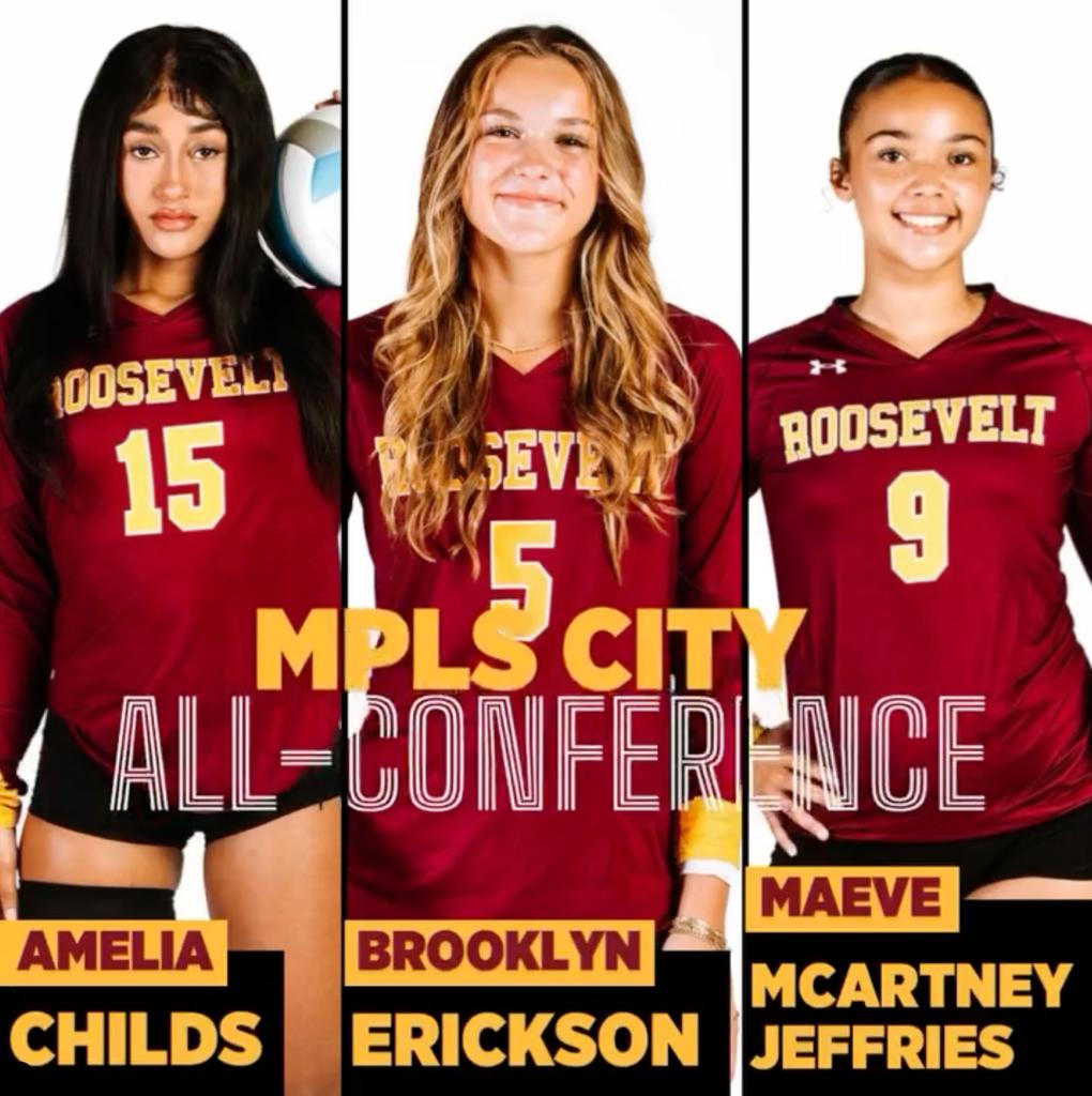 Minneapolis Roosevelt Volleyball All-Conference award winners Amelia Childs, Brooklyn Erickson, Maeve McCartney-Jeffries