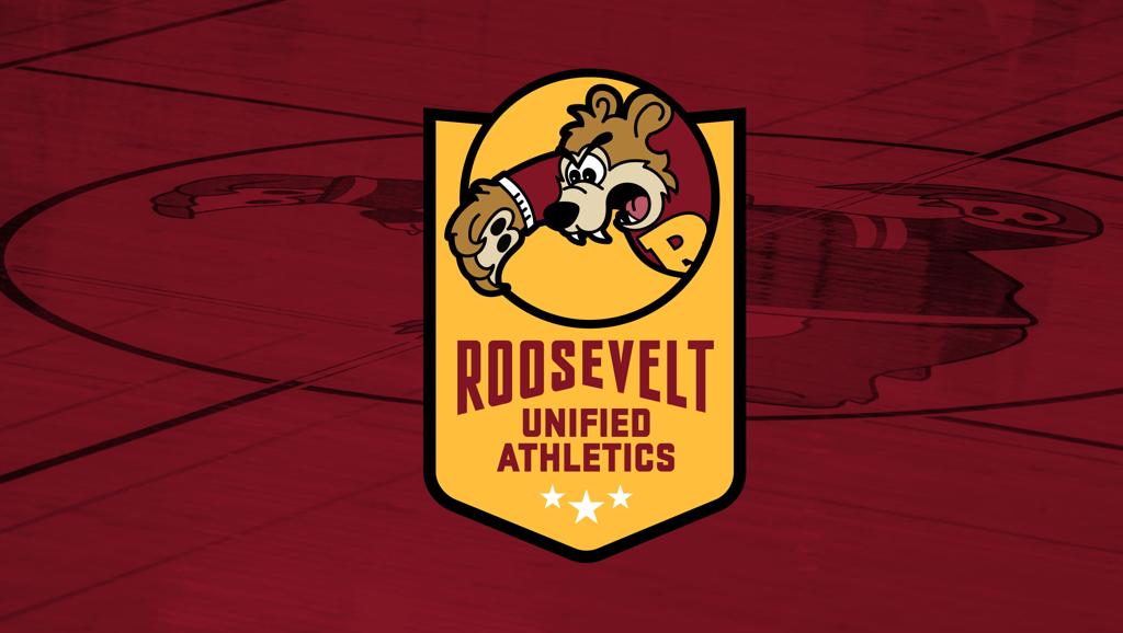 Image of a maroon-tinted photo of the Minneapolis Roosevelt Jack Wells Gymnasium floor featuring the Teddy Mascot in the center. Graphic: Roosevelt Unified Athletics logo